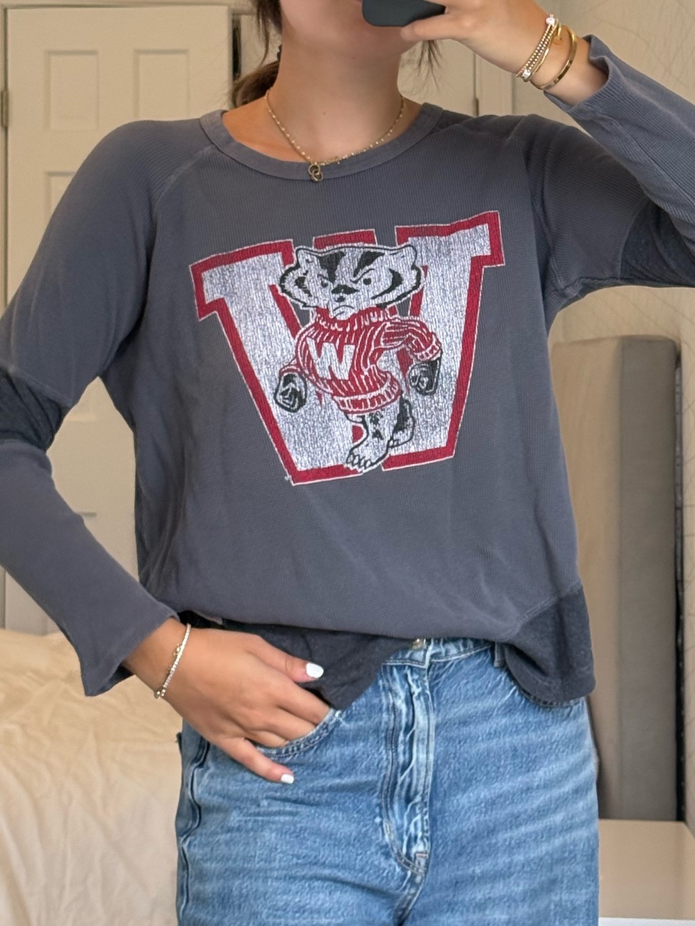 Original Retro Brand Charcoal Long-Sleeve Tee with Red & White Wisconsin Badgers